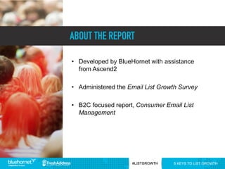 • Developed by BlueHornet with assistance
from Ascend2
• Administered the Email List Growth Survey
• B2C focused report, C...