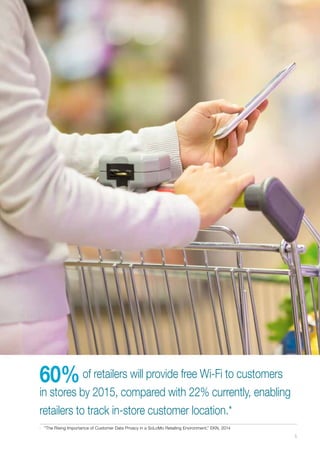 5
60%of retailers will provide free Wi-Fi to customers
in stores by 2015, compared with 22% currently, enabling
retailers to track in-store customer location.*
*	 “The Rising Importance of Customer Data Privacy in a SoLoMo Retailing Environment,” EKN, 2014
 