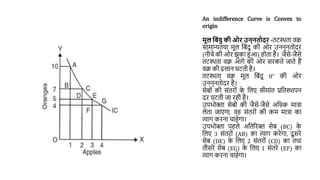 An indifference Curve is Convex to
origin
मूल गबांवु की ओर उन्नतोदर -तटस्थता वक्र
िामान्यतया मूल वबांदु की ओर उनन्नतोदर
(नीचे की ओर झुका हुआ) होता है। जैिे-जैिे
तटस्थता वक्र आगे की ओर िरकते जाते हैं
वक्र की ढलान घटती है।
तटस्थता वक्र मूल वबांदु 0” की ओर
उनन्नतोदर है।
िेबोां की िांतरोां क
े वलए िीमाांत प्रवतस्थापन
दर घटती जा रही है।
उपभोक्ता िेबोां की जैिे-जैिे अवधक मात्रा
लेता जाएगा, वह िांतरोां की कम मात्रा का
त्याग करना चाहेगा।
उपभोक्ता पहले अवतररक्त िेब (BC) क
े
वलए 3 िांतरोां (AB) का त्याग करेगा, दू िरे
िेब (DE) क
े वलए 2 िांतरोां (CD) का तथा
तीिरे िेब (EG) क
े वलए 1 िांतरे (EF) का
त्याग करना चाहेगा।
 