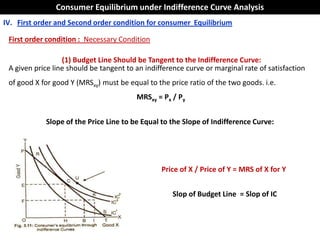 Consumer Equilibrium under Indifference Curve Analysis
IV. First order and Second order condition for consumer Equilibrium

 First order condition : Necessary Condition

                  (1) Budget Line Should be Tangent to the Indifference Curve:
 A given price line should be tangent to an indifference curve or marginal rate of satisfaction
 of good X for good Y (MRSxy) must be equal to the price ratio of the two goods. i.e.
                                         MRSxy = Px / Py


            Slope of the Price Line to be Equal to the Slope of Indifference Curve:




                                                 Price of X / Price of Y = MRS of X for Y


                                                    Slop of Budget Line = Slop of IC
 