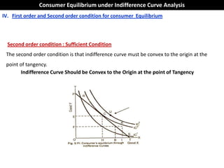 Consumer Equilibrium under Indifference Curve Analysis
IV. First order and Second order condition for consumer Equilibrium




  Second order condition : Sufficient Condition
 The second order condition is that indifference curve must be convex to the origin at the
 point of tangency.
       Indifference Curve Should be Convex to the Origin at the point of Tangency
 
