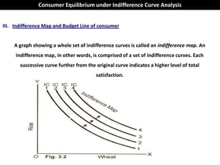 Consumer Equilibrium under Indifference Curve Analysis


III. Indifference Map and Budget Line of consumer


    A graph showing a whole set of indifference curves is called an indifference map. An
     indifference map, in other words, is comprised of a set of indifference curves. Each
       successive curve further from the original curve indicates a higher level of total
                                         satisfaction.
 