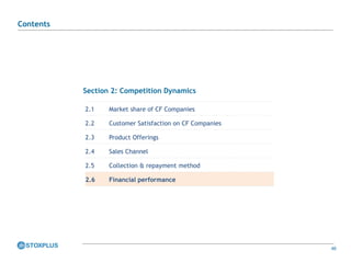 46
Section 2: Competition Dynamics
2.1 Market share of CF Companies
2.2 Customer Satisfaction on CF Companies
2.3 Product Offerings
2.4 Sales Channel
2.5 Collection & repayment method
2.6 Financial performance
Contents
 