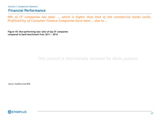 47
Figure 45: Non-performing loan ratio of top CF companies
compared to bank benchmark from 2011 - 2016
Source: StoxPlus from NFSC
Section 2: Competition Dynamics
Financial Performance
NPL of CF companies has been …, which is higher than that of the commercial banks (xx%).
Profitability of Consumer Finance Companies have been … due to …
This content is intentionally removed for demo purpose
 