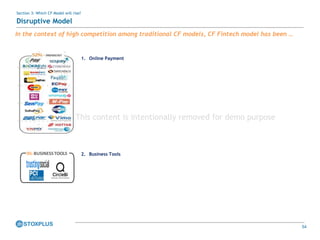 54
Section 3: Which CF Model will rise?
Disruptive Model
In the context of high competition among traditional CF models, CF Fintech model has been …
1. Online Payment
2. Business Tools5%-BUSINESSTOOLS
This content is intentionally removed for demo purpose
 