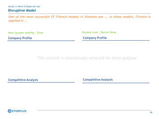 56
Section 3: Which CF Model will rise?
Disruptive Model
Peer-to-peer lending - Tima
Company Profile
Competitive Analysis
Company Profile
Competitive Analysis
Payday Loan – Doctor Dong
One of the most successful CF Fintech models in Vietnam are …. In these models, Fintech is
applied in …
This content is intentionally removed for demo purpose
 