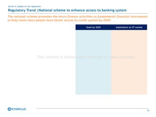 61
Goals by 2020 Implications on CF market
Section 4: Update on new regulations
Regulatory Trend |National scheme to enhance access to banking system
The national scheme promotes the micro finance activities as fundamental financial instruments
to help lower-mass people have better access to credit system by 2020
This content is intentionally removed for demo purpose
 