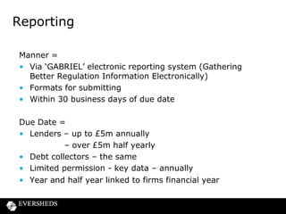 Reporting
Product sales data

• High cost short-term credit and home collected credit
only
= Loan amount, term, interest rate and fee,
rollover information, reason for loan (if
known), date of birth and postcode of
borrower, borrower and household income,
borrower status e.g. marital,
residential,
employment, car

 