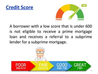 Credit Score
A borrower with a low score that is under 600
is not eligible to receive a prime mortgage
loan and receives a referral to a subprime
lender for a subprime mortgage.
29
 