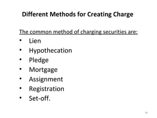 Different Methods for Creating Charge
The common method of charging securities are:
• Lien
• Hypothecation
• Pledge
• Mortgage
• Assignment
• Registration
• Set-off.
38
 