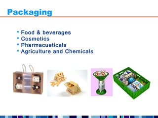 Packaging

    Food & beverages
    Cosmetics
    Pharmacueticals
    Agriculture and Chemicals
 