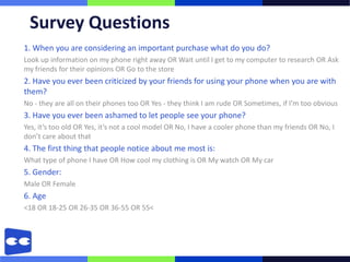 Survey Questions
1. When you are considering an important purchase what do you do?
Look up information on my phone right away OR Wait until I get to my computer to research OR Ask
my friends for their opinions OR Go to the store
2. Have you ever been criticized by your friends for using your phone when you are with
them?
No - they are all on their phones too OR Yes - they think I am rude OR Sometimes, if I’m too obvious
3. Have you ever been ashamed to let people see your phone?
Yes, it’s too old OR Yes, it’s not a cool model OR No, I have a cooler phone than my friends OR No, I
don’t care about that
4. The first thing that people notice about me most is:
What type of phone I have OR How cool my clothing is OR My watch OR My car
5. Gender:
Male OR Female
6. Age
<18 OR 18-25 OR 26-35 OR 36-55 OR 55<
 