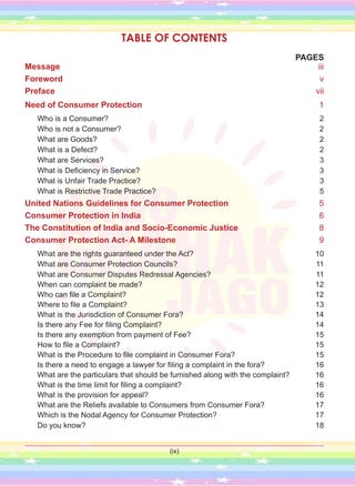 TABLE OF CONTENTS
PAGES
Message iii
Foreword v
Preface vii
Need of Consumer Protection 1
Who is a Consumer? 2
Who is not a Consumer? 2
What are Goods? 2
What is a Defect? 2
What are Services? 3
What is Deficiency in Service? 3
What is Unfair Trade Practice? 3
What is Restrictive Trade Practice? 5
United Nations Guidelines for Consumer Protection 5
Consumer Protection in India 6
The Constitution of India and Socio-Economic Justice 8
Consumer Protection Act- A Milestone 9
What are the rights guaranteed under the Act? 10
What are Consumer Protection Councils? 11
What are Consumer Disputes Redressal Agencies? 11
When can complaint be made? 12
Who can file a Complaint? 12
Where to file a Complaint? 13
What is the Jurisdiction of Consumer Fora? 14
Is there any Fee for filing Complaint? 14
Is there any exemption from payment of Fee? 15
How to file a Complaint? 15
What is the Procedure to file complaint in Consumer Fora? 15
Is there a need to engage a lawyer for filing a complaint in the fora? 16
What are the particulars that should be furnished along with the complaint? 16
What is the time limit for filing a complaint? 16
What is the provision for appeal? 16
What are the Reliefs available to Consumers from Consumer Fora? 17
Which is the Nodal Agency for Consumer Protection? 17
Do you know? 18
(ix)
 