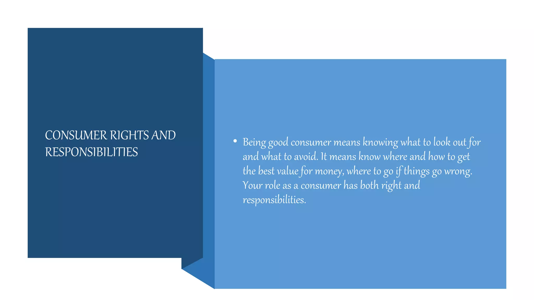 CONSUMER RIGHTS AND
RESPONSIBILITIES
• Being good consumer means knowing what to look out for
and what to avoid. It means know where and how to get
the best value for money, where to go if things go wrong.
Your role as a consumer has both right and
responsibilities.
 