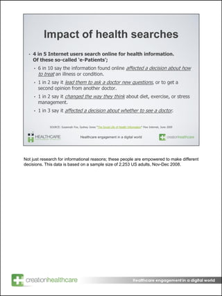 Impact of health searches 4 in 5 Internet users search online for health information.  Of these so-called ‘e-Patients’; 6 in 10  say the information found online  affected a decision about how to treat  an illness or condition. 1 in 2  say it  lead them to ask a doctor new questions , or to get a second opinion from another doctor. 1 in 2  say it  changed the way they think  about diet, exercise, or stress management.  1 in 3  say it  affected a decision about whether to see a doctor .  SOURCE: Susannah Fox, Sydney Jones “ The Social Life of Health Information ” Pew Internet, June 2009 