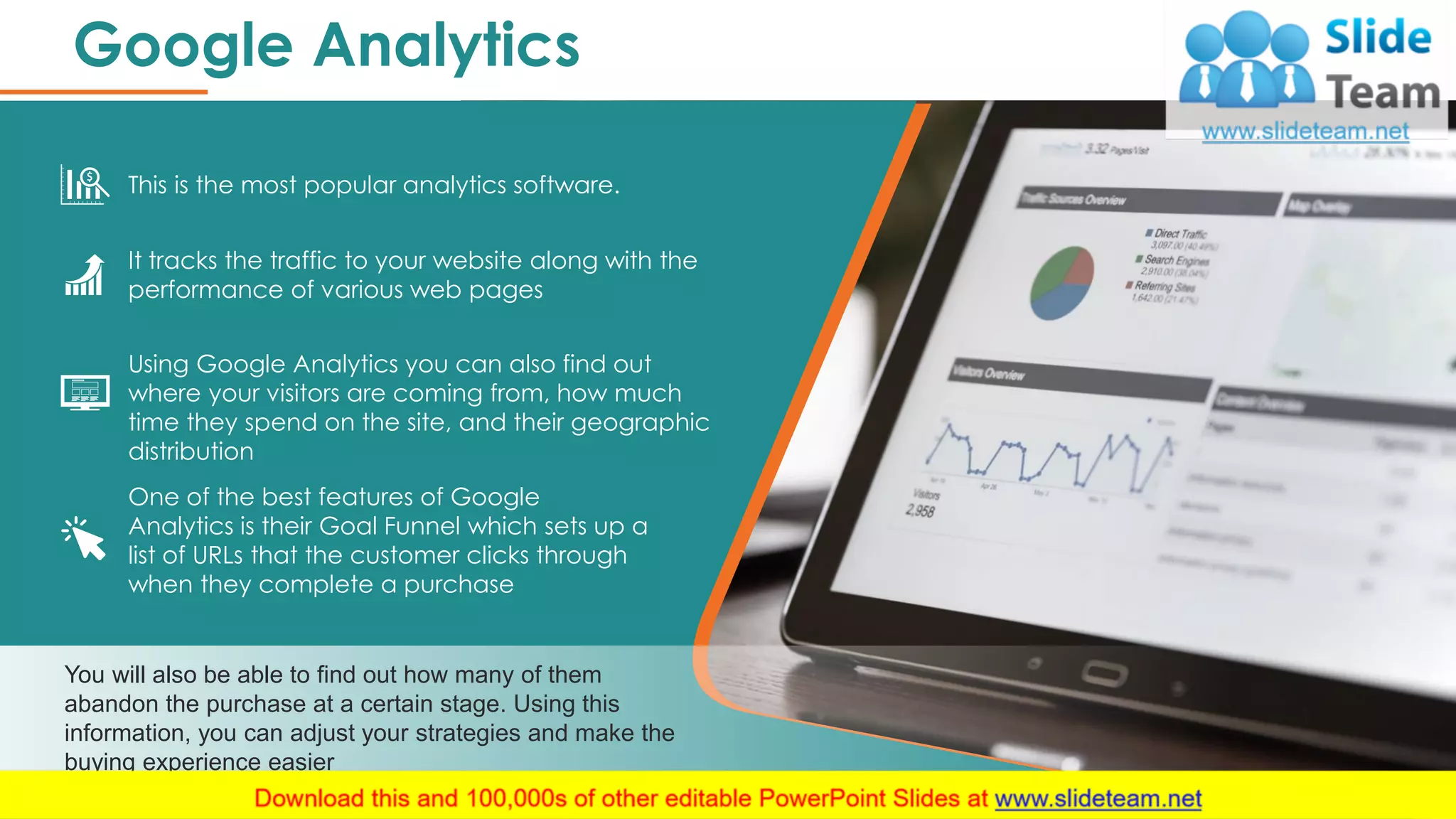 Google Analytics
17
This is the most popular analytics software.
It tracks the traffic to your website along with the
performance of various web pages
Using Google Analytics you can also find out
where your visitors are coming from, how much
time they spend on the site, and their geographic
distribution
One of the best features of Google
Analytics is their Goal Funnel which sets up a
list of URLs that the customer clicks through
when they complete a purchase
You will also be able to find out how many of them
abandon the purchase at a certain stage. Using this
information, you can adjust your strategies and make the
buying experience easier
 