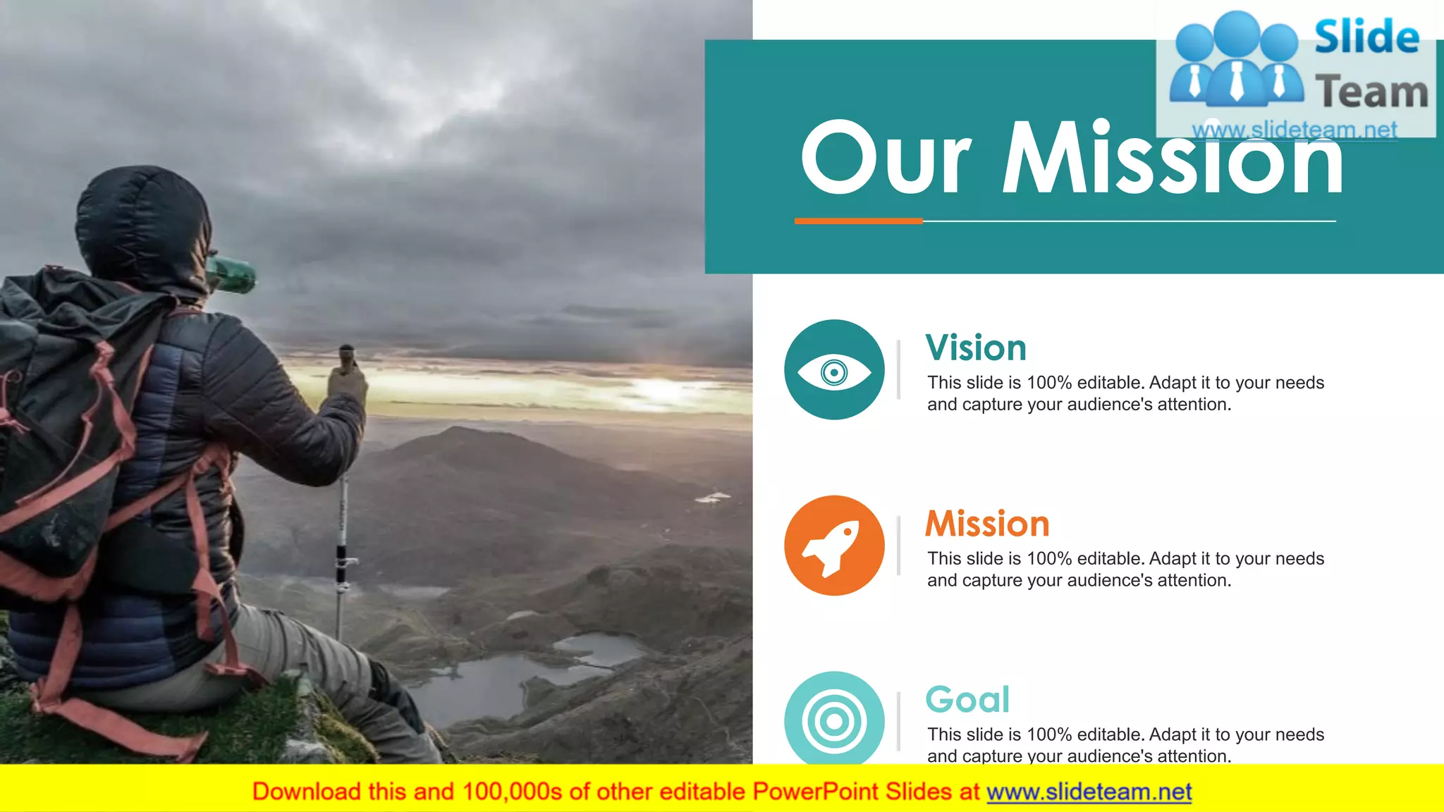 30
This slide is 100% editable. Adapt it to your needs
and capture your audience's attention.
Vision
This slide is 100% editable. Adapt it to your needs
and capture your audience's attention.
Mission
Goal
This slide is 100% editable. Adapt it to your needs
and capture your audience's attention.
Our Mission
 
