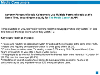 Media Consumers Seventy Percent of Media Consumers Use Multiple Forms of Media at the Same Time, according to a study for  The Media Center   at API. Three quarters of U.S. television viewers read the newspaper while they watch TV, and two thirds of them go online while they watch TV. Key study findings include:  *  People who regularly or occasionally watch TV and read the newspaper at the same time: 74.2%  * People who regularly or occasionally watch TV while going online: 66.2%.  * For simultaneous online users, TV viewing is down 8.8% among 18 to 24 year-olds and down 12.2% among 25 to 34 year-olds in favor of video games * What people do as they wait for downloads from the Internet: listen to the radio (52.1%); watch TV (61.8%), read the newspaper (20.2%) * Importance of word of mouth when it comes to making purchase decisions: 72.5% of all consumers say it's very important versus 80% among cell phone users. 