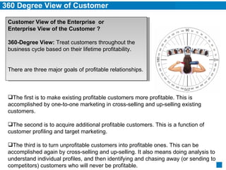 360 Degree View of Customer Customer View of the Enterprise  or Enterprise View of the Customer ? 360-Degree View:  Treat customers throughout the business cycle based on their lifetime profitability. There are three major goals of profitable relationships. The first is to make existing profitable customers more profitable. This is accomplished by one-to-one marketing in cross-selling and up-selling existing customers.  The second is to acquire additional profitable customers. This is a function of customer profiling and target marketing.  The third is to turn unprofitable customers into profitable ones. This can be accomplished again by cross-selling and up-selling. It also means doing analysis to understand individual profiles, and then identifying and chasing away (or sending to competitors) customers who will never be profitable. 