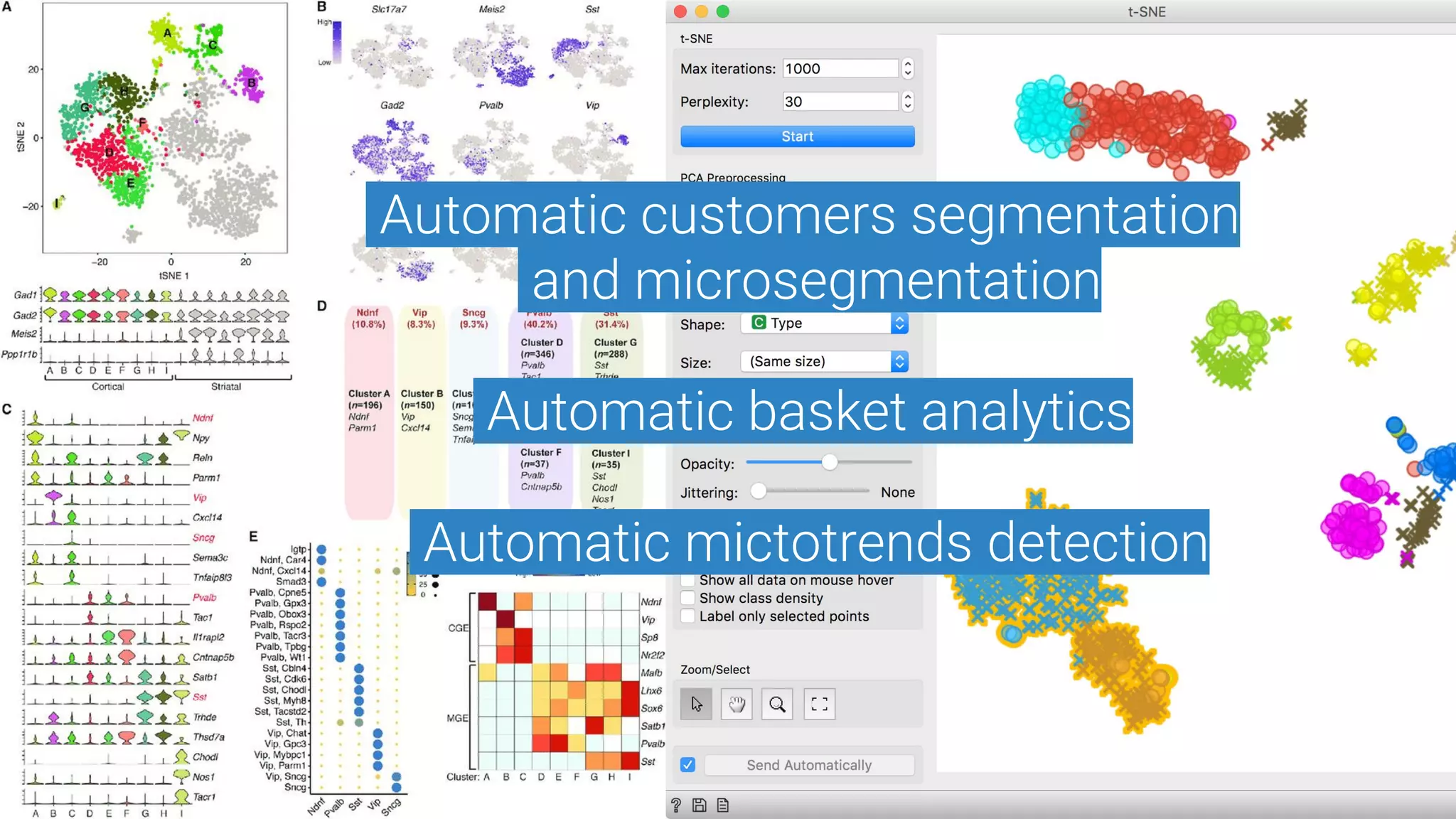 Automatic customers segmentation
and microsegmentation
Automatic basket analytics
Automatic mictotrends detection
 