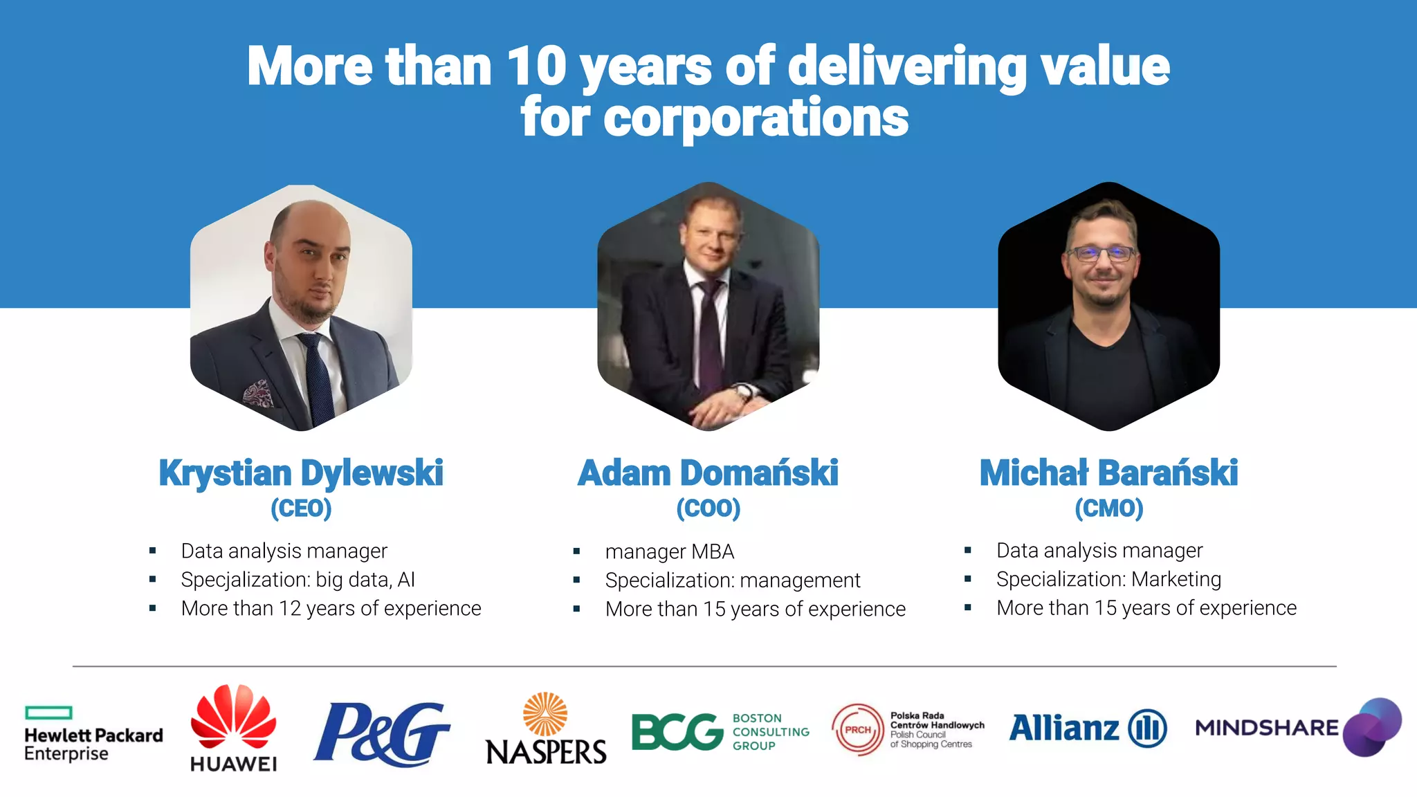 More than 10 years of delivering value
for corporations
Krystian Dylewski
(CEO)
Adam Domański
(COO)
Michał Barański
(CMO)
▪ Data analysis manager
▪ Specjalization: big data, AI
▪ More than 12 years of experience
▪ Data analysis manager
▪ Specialization: Marketing
▪ More than 15 years of experience
▪ manager MBA
▪ Specialization: management
▪ More than 15 years of experience
 