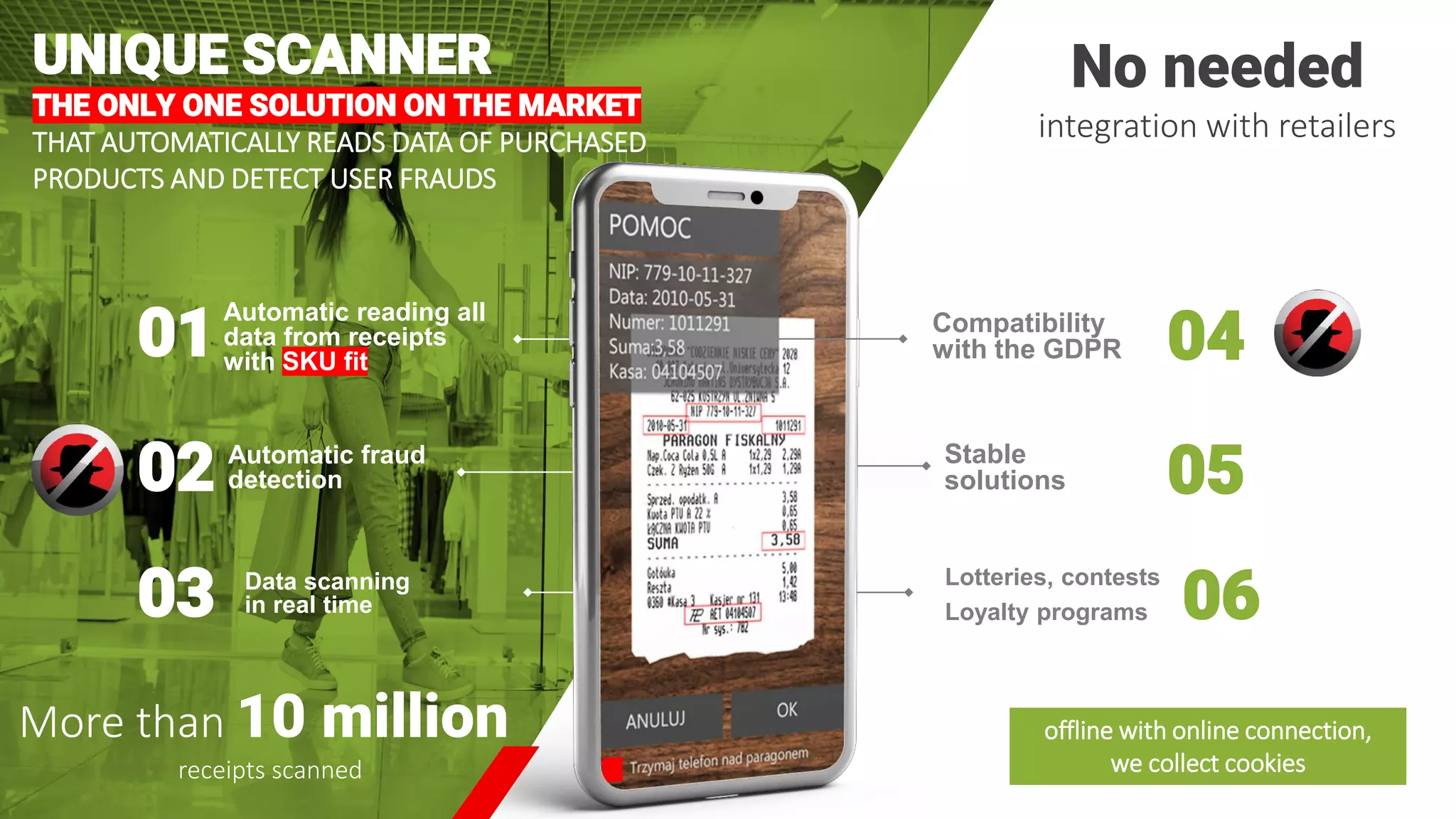 06
Lotteries, contests
Loyalty programs
05
Stable
solutions
04
Compatibility
with the GDPR
03 Data scanning
in real time
02 Automatic fraud
detection
01
Automatic reading all
data from receipts
with SKU fit
UNIQUE SCANNER
THE ONLY ONE SOLUTION ON THE MARKET
THAT AUTOMATICALLY READS DATA OF PURCHASED
PRODUCTS AND DETECT USER FRAUDS
No needed
integration with retailers
offline with online connection,
we collect cookies
More than 10 million
receipts scanned
 