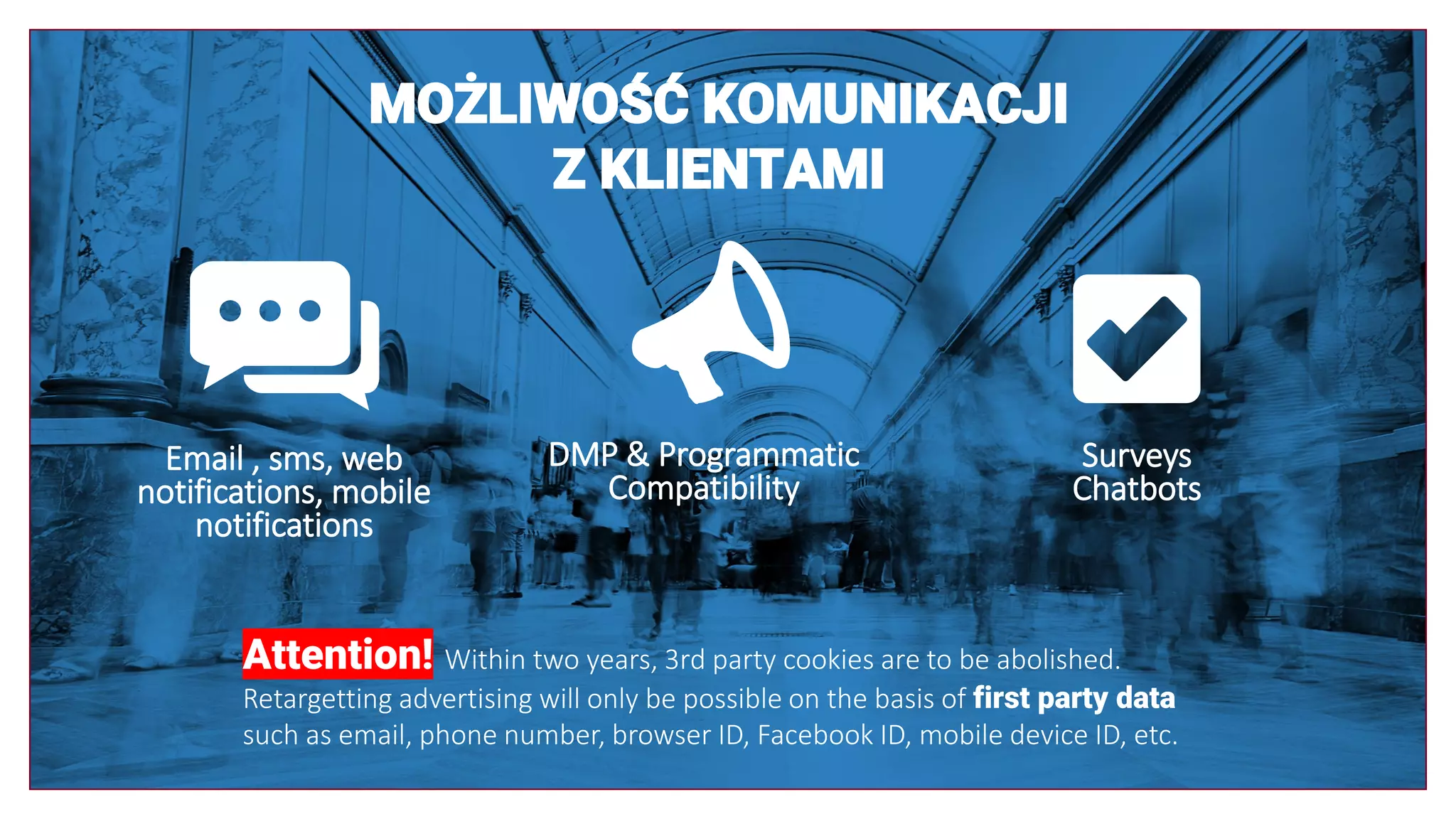 DMP & Programmatic
Compatibility
Surveys
Chatbots
Email , sms, web
notifications, mobile
notifications
MOŻLIWOŚĆ KOMUNIKACJI
Z KLIENTAMI
Attention! Within two years, 3rd party cookies are to be abolished.
Retargetting advertising will only be possible on the basis of first party data
such as email, phone number, browser ID, Facebook ID, mobile device ID, etc.
 