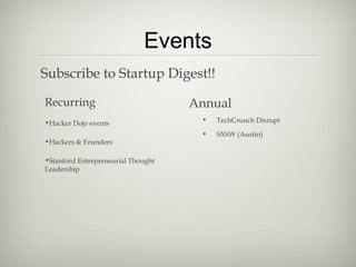 Events
Subscribe to Startup Digest!!

Recurring                           Annual
•Hacker Dojo events                  •   TechCrunch Disrupt
                                     •   SXSW (Austin)
•Hackers & Founders

•Stanford Entrepreneurial Thought
Leadership
 