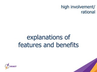 high involvement/
rational
explanations of
features and benefits
 