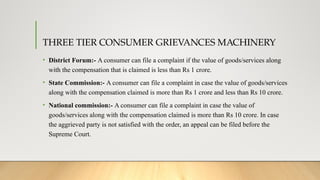 THREE TIER CONSUMER GRIEVANCES MACHINERY
• District Forum:- A consumer can file a complaint if the value of goods/services along
with the compensation that is claimed is less than Rs 1 crore.
• State Commission:- A consumer can file a complaint in case the value of goods/services
along with the compensation claimed is more than Rs 1 crore and less than Rs 10 crore.
• National commission:- A consumer can file a complaint in case the value of
goods/services along with the compensation claimed is more than Rs 10 crore. In case
the aggrieved party is not satisfied with the order, an appeal can be filed before the
Supreme Court.
 