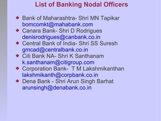 List of Banking Nodal Officers
   Bank of Maharashtra- Shri MN Tapikar
    bomcomkt@mahabank.com
   Canara Bank- Shri D Rodrigues
    denisrodrigues@canbank.co.in
   Central Bank of India- Shri SS Suresh
    gmcad@centralbank.co.in
   Citi Bank NA- Shri K Santhanam
    k.santhanam@citigroup.com
   Corporation Bank- T M Lakshmikanthan
    lakshmikanth@corpbank.co.in
   Dena Bank - Shri Arun Singh Barhat
    arunsingh@denabank.co.in
 