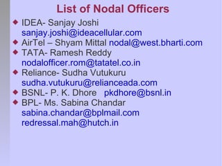 List of Nodal Officers
   IDEA- Sanjay Joshi
    sanjay.joshi@ideacellular.com
   AirTel – Shyam Mittal nodal@west.bharti.com
   TATA- Ramesh Reddy
    nodalofficer.rom@tatatel.co.in
   Reliance- Sudha Vutukuru
    sudha.vutukuru@relianceada.com
   BSNL- P. K. Dhore pkdhore@bsnl.in
   BPL- Ms. Sabina Chandar
    sabina.chandar@bplmail.com
    redressal.mah@hutch.in
 