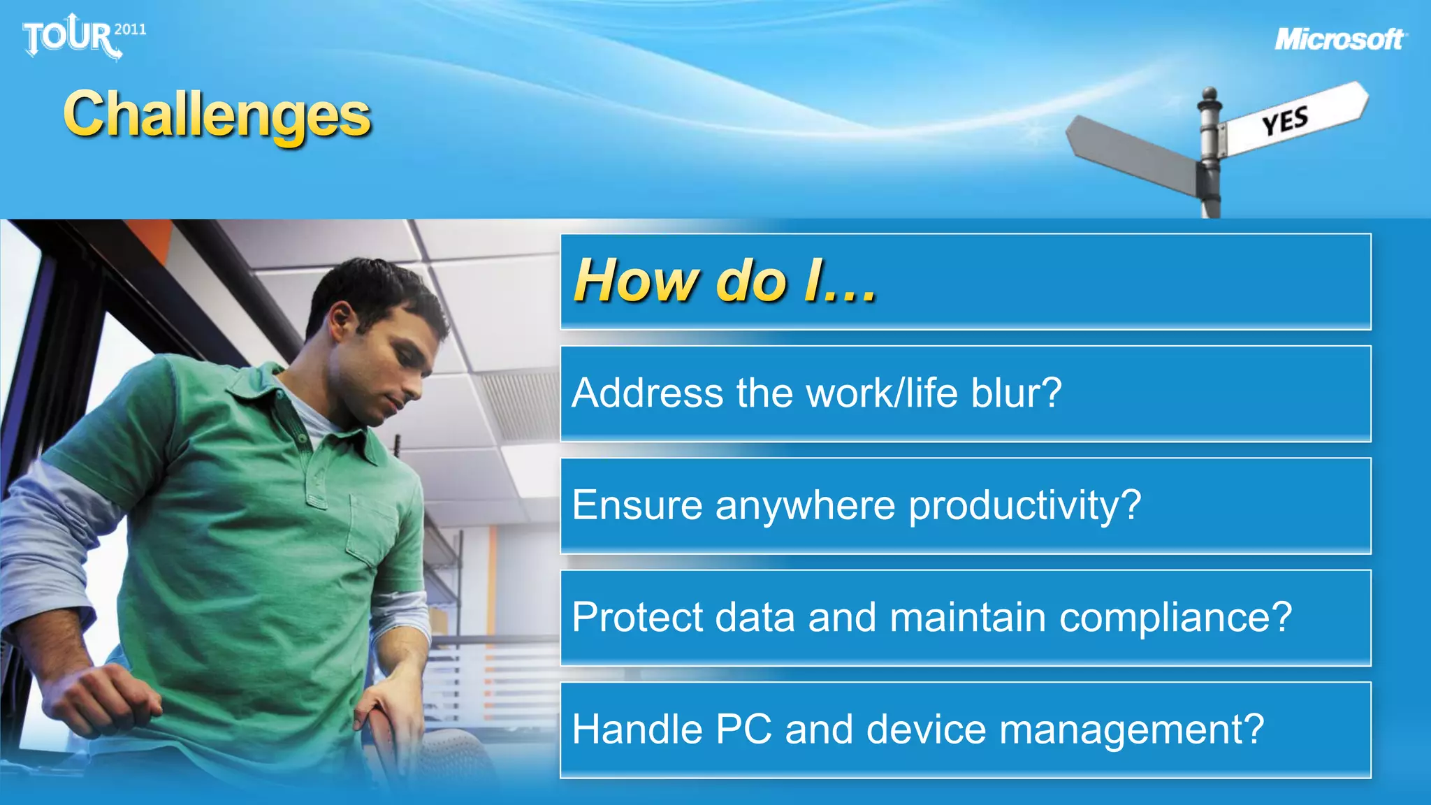 ChallengesHow do I…Address the work/life blur?Ensure anywhere productivity?Protect data and maintain compliance?Handle PC and device management?