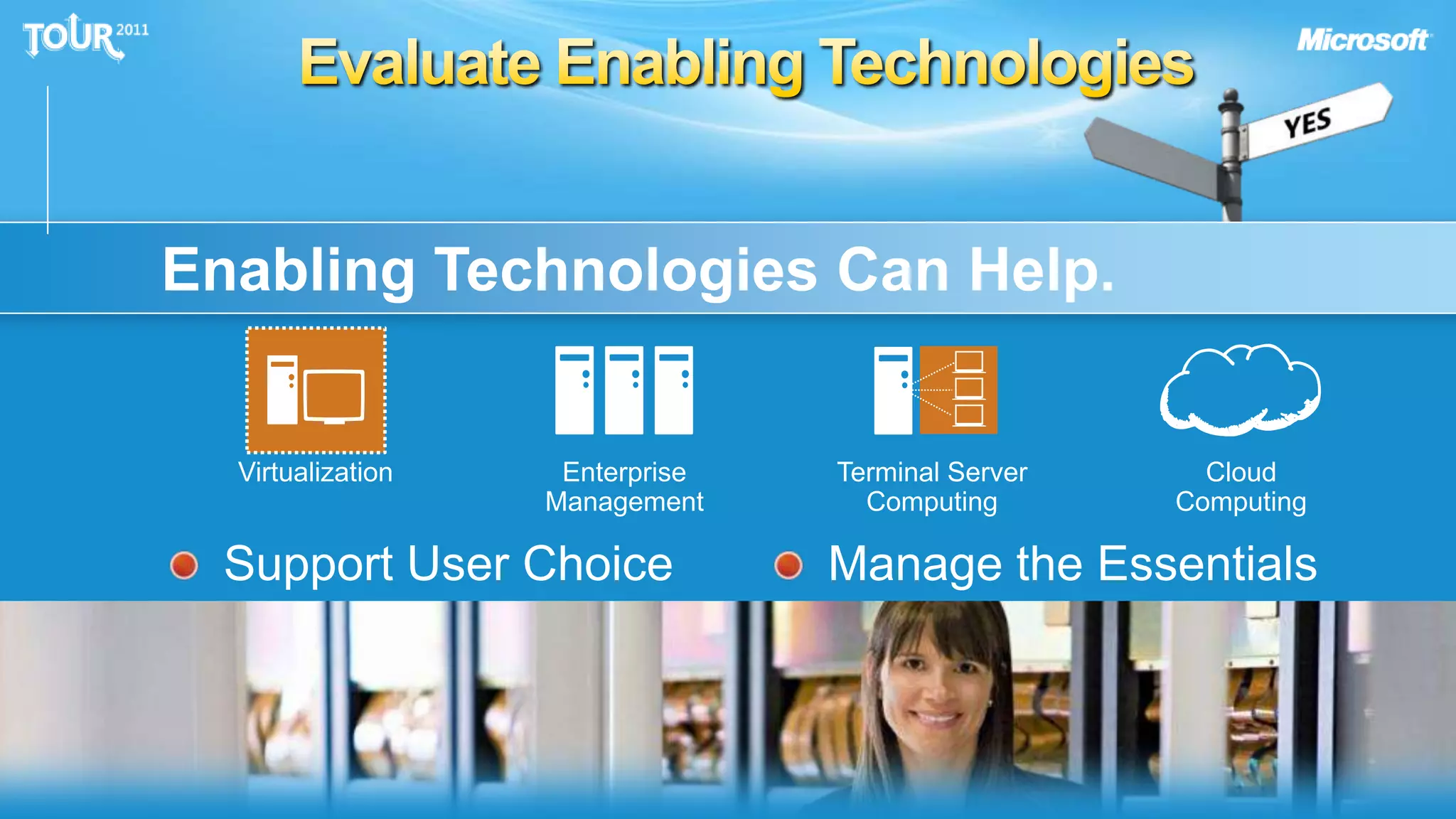 Evaluate Enabling TechnologiesEnabling Technologies Can Help. VirtualizationCloudComputingEnterpriseManagementTerminal ServerComputingSupport User ChoiceManage the Essentials
