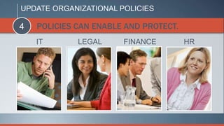 UPDATE ORGANIZATIONAL POLICIES

4   POLICIES CAN ENABLE AND PROTECT.
    IT       LEGAL     FINANCE         HR
 