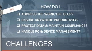 HOW DO I…
   ADDRESS THE WORK/LIFE BLUR?
   ENSURE ANYWHERE PRODUCTIVITY?
   PROTECT DATA & MAINTAIN COMPLIANCE?
   HANDLE PC & DEVICE MANAGEMENT?


CHALLENGES
 