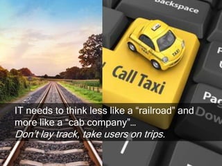 IT needs to think less like a “railroad” and
more like a “cab company”…
Don’t lay track, take users on trips.
 