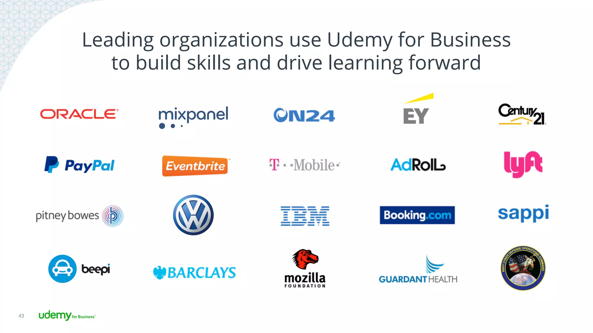 Leading organizations use Udemy for Business
to build skills and drive learning forward
43
 