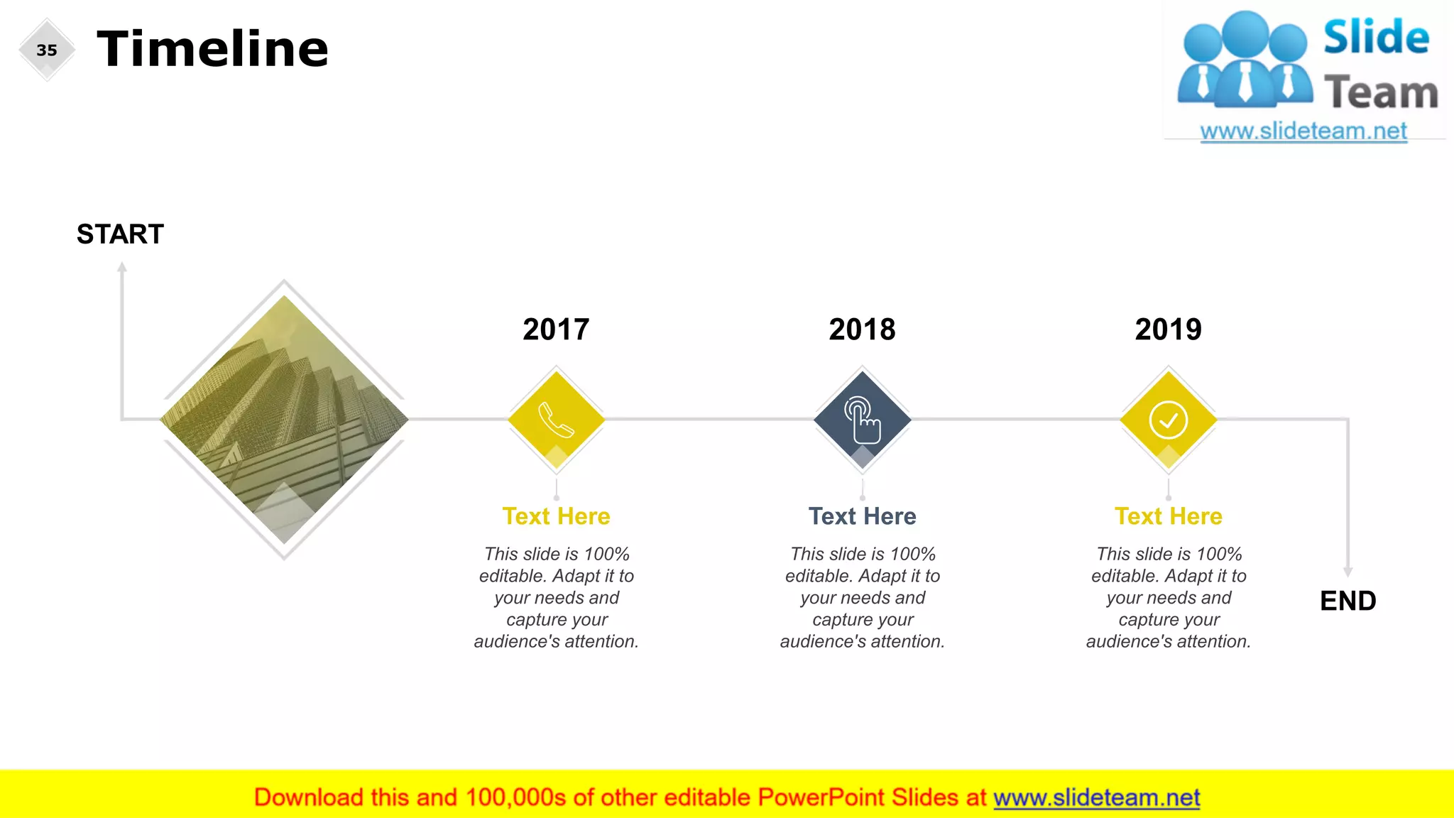 END
START
2017
This slide is 100%
editable. Adapt it to
your needs and
capture your
audience's attention.
Text Here
2019
This slide is 100%
editable. Adapt it to
your needs and
capture your
audience's attention.
Text Here
2018
This slide is 100%
editable. Adapt it to
your needs and
capture your
audience's attention.
Text Here
Timeline35
 
