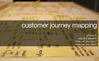 customer journey mapping
what is it?
why is it relevant?
when can you use it?
How can you use it?
 