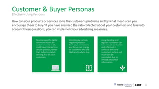 Customer & Buyer Personas
12
Effectively Using Personas
How can your products or services solve the customer's problems and by what means can you
encourage them to buy? If you have analyzed the data collected about your customers and take into
account these questions, you can implement your advertising measures.
Long standing and
regular customers can
be variously contacted
and informed in
contrast with new
customers, where not
much can be
concluded due to
limited amount of
information.
Intentionally exclude
negative personas
from your promotions
and focus your energy
on customers who are
likely and ready to buy.
Develop specific digital
communications for
customers who really
could have interest in a
certain product, rather
than indiscriminately
sending it to all your
customers.
 