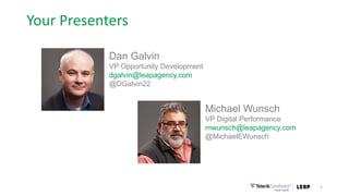 Your Presenters
2
Dan Galvin
VP Opportunity Development
dgalvin@leapagency.com
@DGalvin22
Michael Wunsch
VP Digital Performance
mwunsch@leapagency.com
@MichaelEWunsch
 