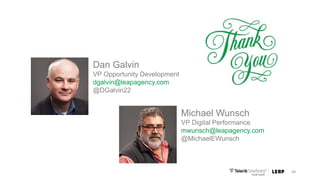 48
Dan Galvin
VP Opportunity Development
dgalvin@leapagency.com
@DGalvin22
Michael Wunsch
VP Digital Performance
mwunsch@leapagency.com
@MichaelEWunsch
 