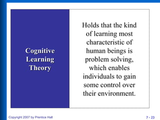 Cognitive Learning Theory Holds that the kind of learning most characteristic of human beings is problem solving, which enables individuals to gain some control over their environment. 