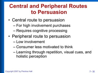 Central and Peripheral Routes  to Persuasion Central route to persuasion For high involvement purchases Requires cognitive processing Peripheral route to persuasion Low involvement Consumer less motivated to think Learning through repetition, visual cues, and holistic perception 