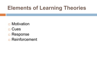 Elements of Learning Theories,[object Object],Motivation,[object Object],Cues,[object Object],Response,[object Object],Reinforcement,[object Object]