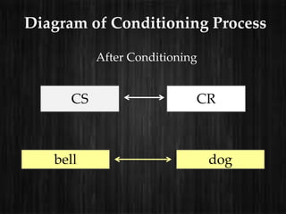 Diagram of Conditioning Process

           After Conditioning


      CS                    CR



   bell                         dog
 