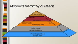 Physiological Needs
(hunger, thirst)
Safety Needs
(security, protection)
Social Needs (sense
of belonging, love)
Esteem Needs
(self-esteem)
Self Actualization
Maslow’s Hierarchy of NeedsMaslow’s Hierarchy of Needs
 