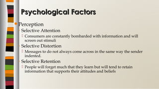 Psychological FactorsPsychological Factors
Perception
◦ Selective Attention
 Consumers are constantly bombarded with information and will
screen out stimuli
◦ Selective Distortion
 Messages to do not always come across in the same way the sender
indented.
◦ Selective Retention
 People will forget much that they learn but will tend to retain
information that supports their attitudes and beliefs
 