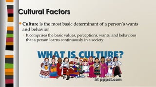 Cultural FactorsCultural Factors
Culture is the most basic determinant of a person’s wants
and behavior
◦ It comprises the basic values, perceptions, wants, and behaviors
that a person learns continuously in a society
 